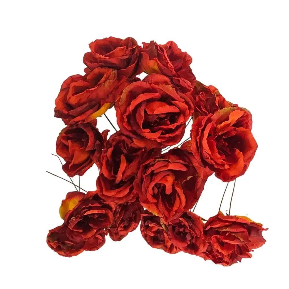 Artificial Large Red Orange Roses 18 Stems Faux Silk Fall Wedding Floral  Lot